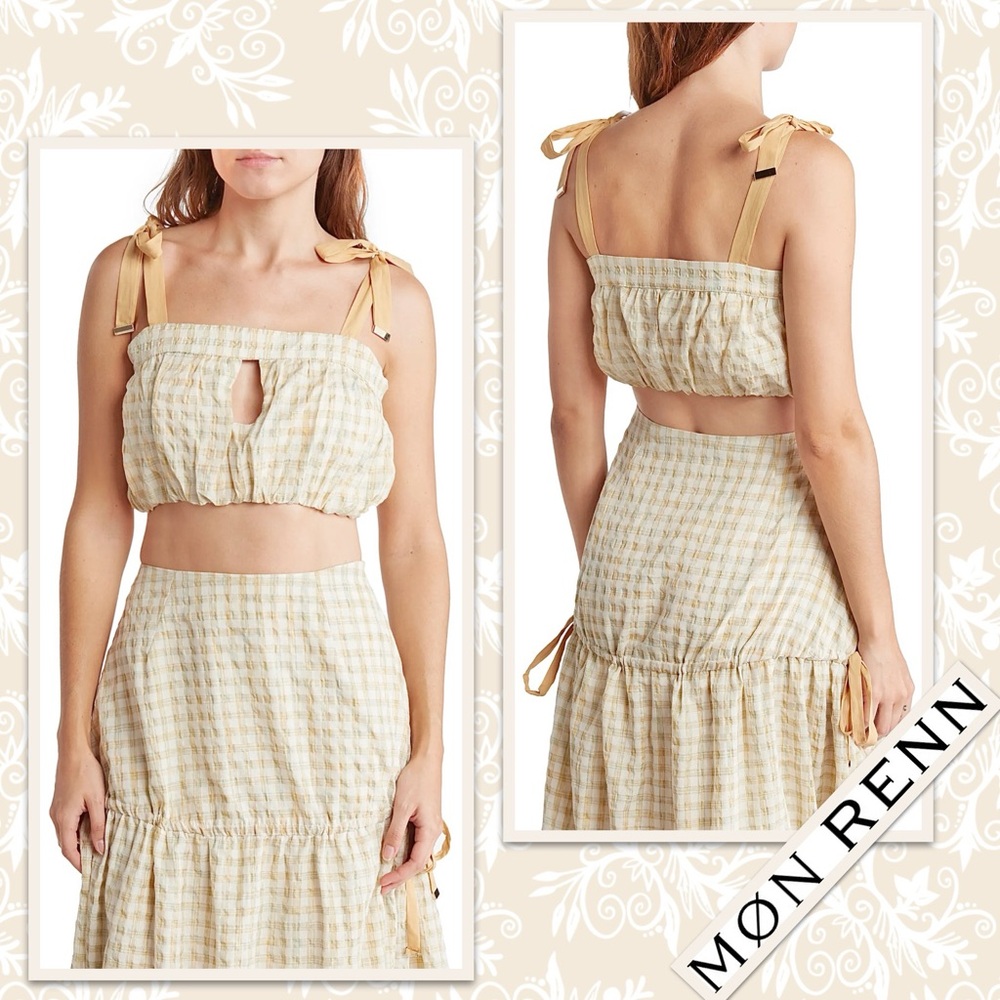 Mon Renn Lucille Plaid Print Crop Top in Marigold Check (Gold)